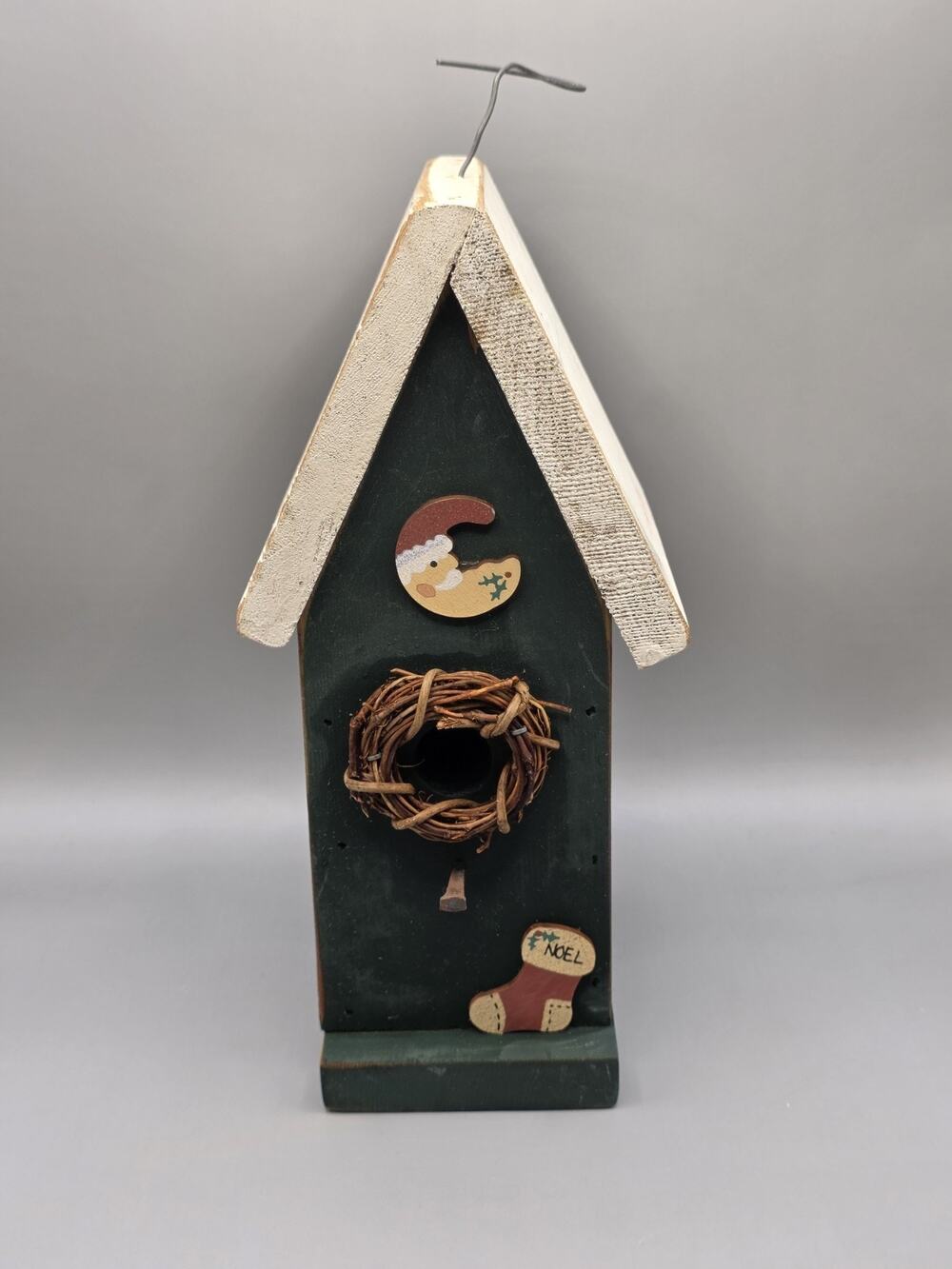 Vtg Primitive Christmas Wooden Birdhouse Rustic Folk Art Santa Moon Twig Wreath